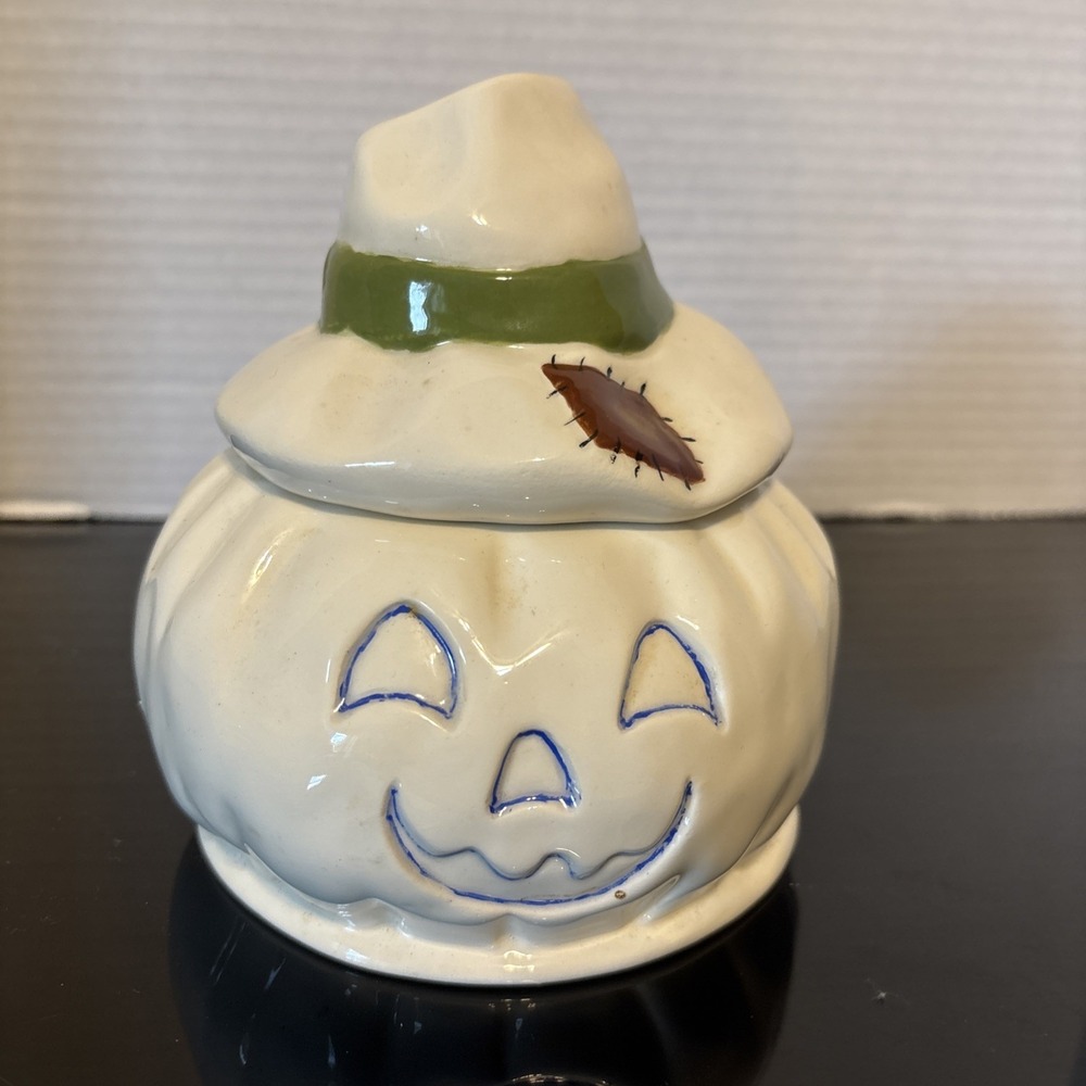 Vintage MCM Ceramic Pumpkin Canister With "Hat" Lid Off-White Hand Painted